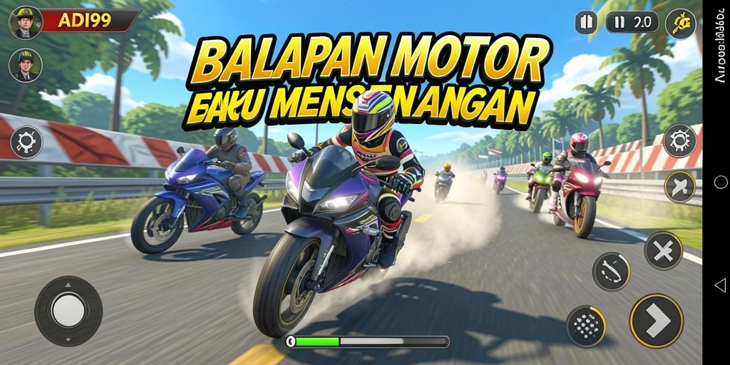 Screenshot utama ADI99 menampilkan aksi balapan motor yang mendebarkan.