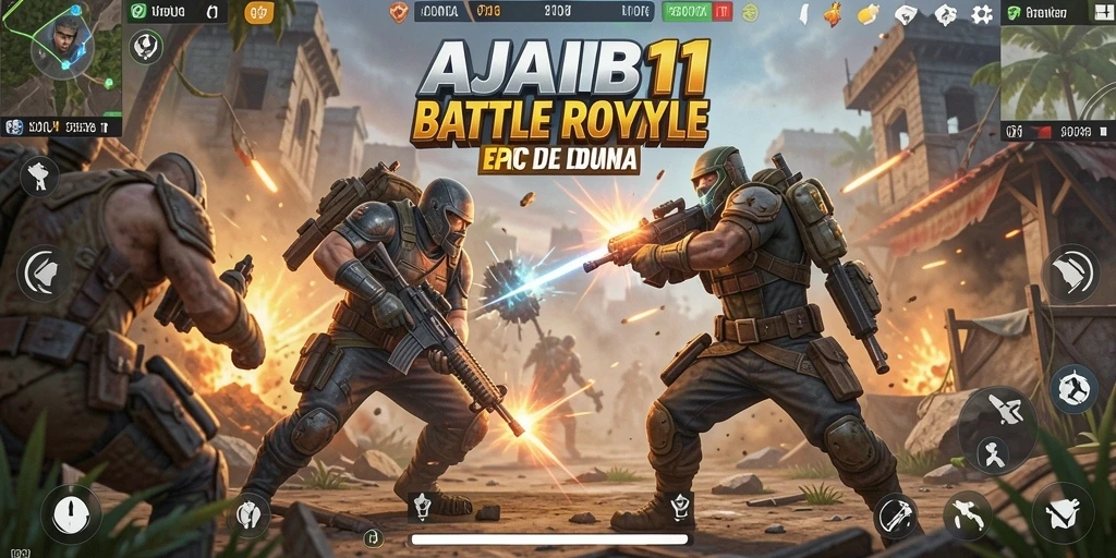 Screenshot gameplay AJAIB11 menampilkan pertempuran seru di arena Battle Royale.