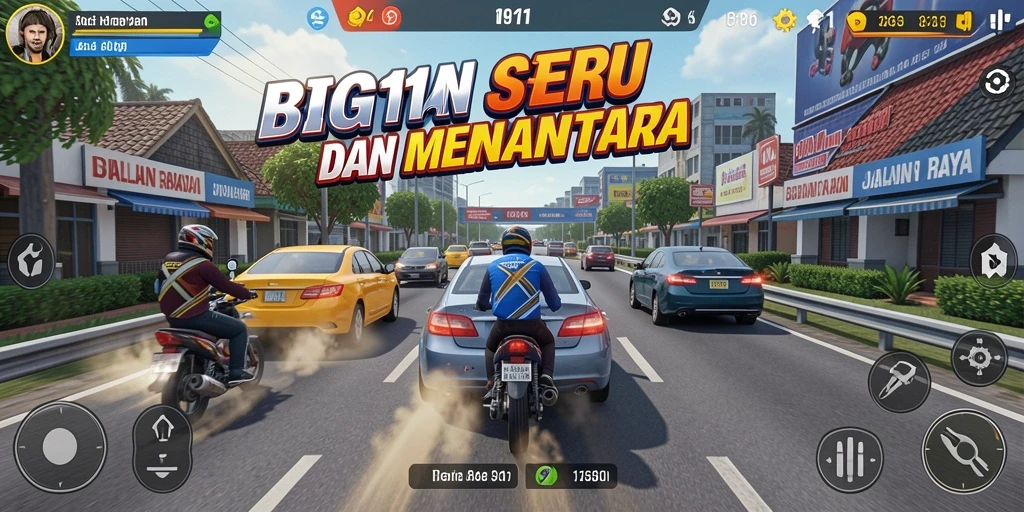 Gambaran gameplay BIG11 yang mendebarkan saat balapan di lintasan.