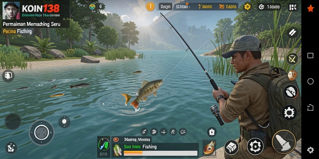 Screenshot utama KOIN138 yang menunjukkan gameplay memancing yang mengasyikkan.