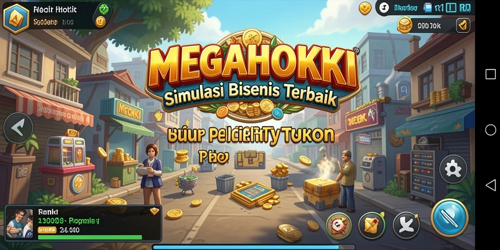 Tampilan menarik dari gameplay MEGAHOKI yang menampilkan simulasi bisnis.